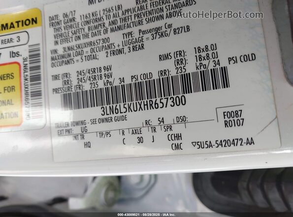 3LN6L5KUXHR657300 2017 LINCOLN MKZ HYBRID Белый Вид подкапотного пространства