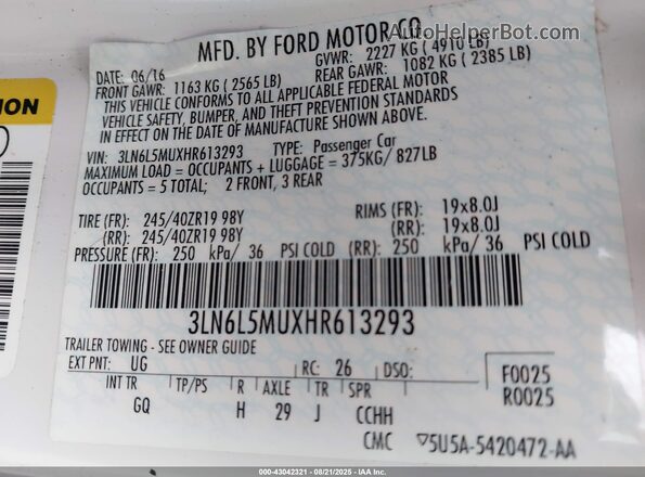 3LN6L5MUXHR613293 2017 LINCOLN MKZ HYBRID Белый Вид подкапотного пространства