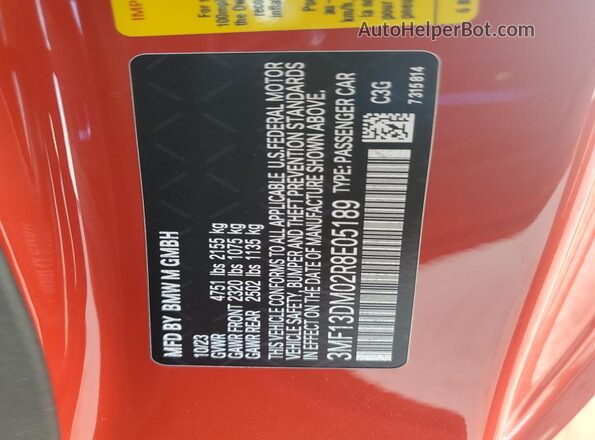 3MF13DM02R8E05189 2024 BMW M2 Red Widok naklejki z numerem VIN