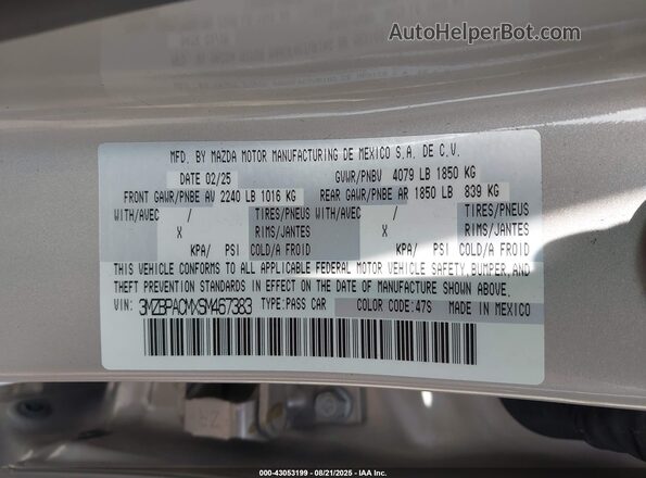 3MZBPACMXSM467383 2025 MAZDA 3 Champagne Շարժիչի բաժամունքի տեսք