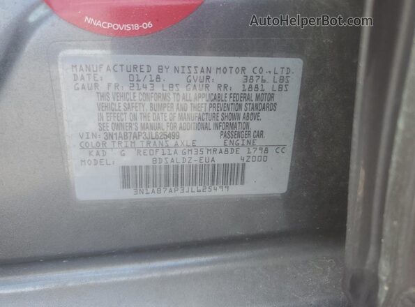 3N1AB7AP3JL625499 2018 NISSAN SENTRA Серый Вид подкапотного пространства
