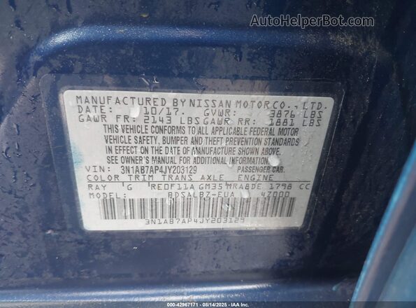 3N1AB7AP4JY203129 2018 NISSAN SENTRA Blue Вид підкапотного простору