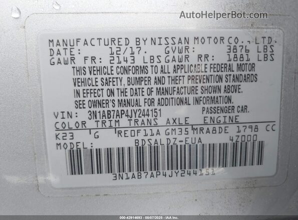 3N1AB7AP4JY244151 2018 NISSAN SENTRA Silver Widok komory silnika