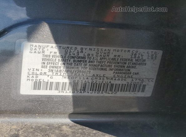 3N1AB7AP4JY259622 2018 NISSAN SENTRA Серый Вид наклейки с VIN-кодом
