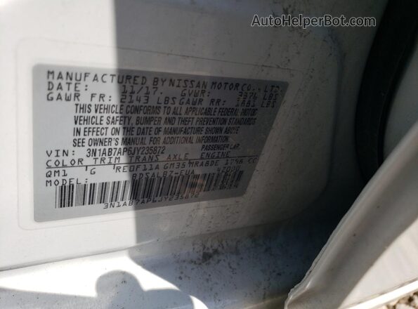 3N1AB7AP6JY235872 2018 NISSAN SENTRA Белый Вид подкапотного пространства