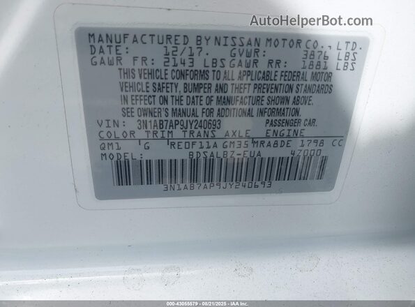 3N1AB7AP9JY240693 2018 NISSAN SENTRA White Вид підкапотного простору