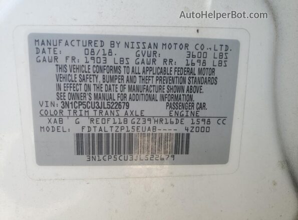 3N1CP5CU3JL522679 2018 NISSAN KICKS White Вид наклейки з VIN-кодом