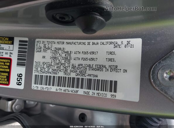 3TMCZ5AN3MM439867 2021 TOYOTA TACOMA Серебряный Вид подкапотного пространства