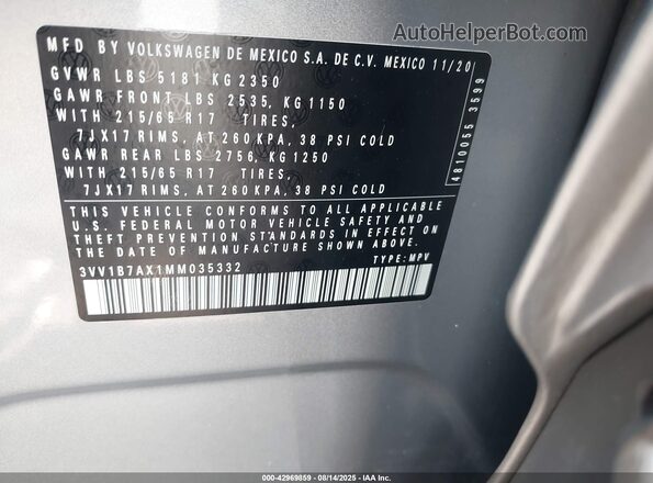 3VV1B7AX1MM035332 2021 VOLKSWAGEN TIGUAN Gray Շարժիչի բաժամունքի տեսք