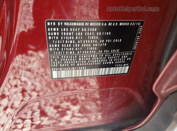 3VV1B7AX2JM113984 2018 VOLKSWAGEN TIGUAN Red Vista interior de 360 grados