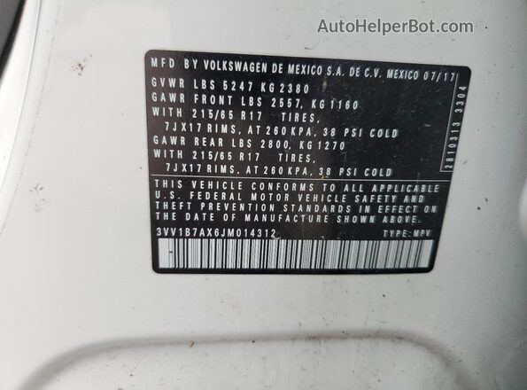 3VV1B7AX6JM014312 2018 VOLKSWAGEN TIGUAN White VIN կոդի պիտակի տեսք