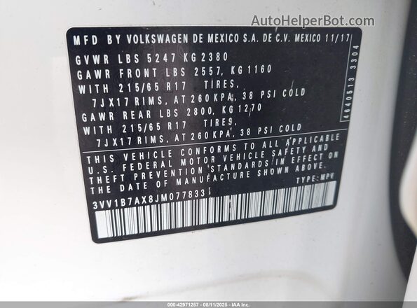 3VV1B7AX8JM077833 2018 VOLKSWAGEN TIGUAN White Շարժիչի բաժամունքի տեսք