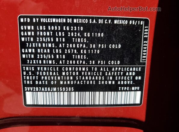 3VV2B7AX6JM159385 2018 VOLKSWAGEN TIGUAN Красный Вид наклейки с VIN-кодом