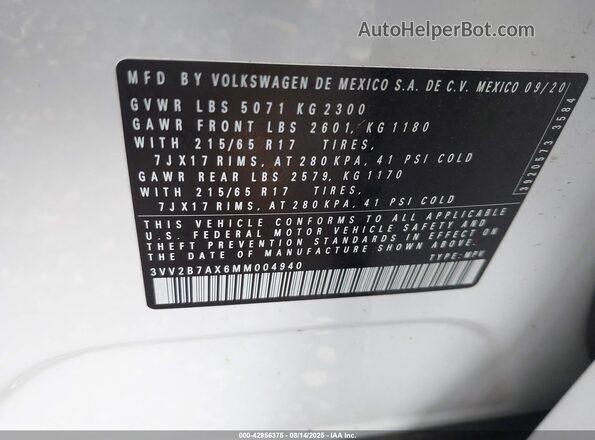 3VV2B7AX6MM004940 2021 VOLKSWAGEN TIGUAN White Engine compartment view