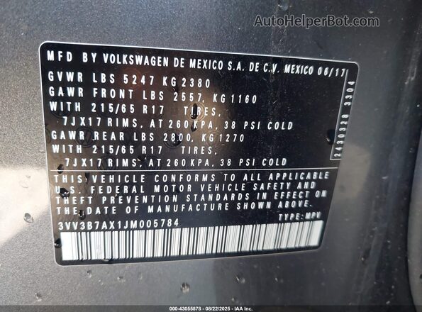 3VV3B7AX1JM005784 2018 VOLKSWAGEN TIGUAN Gray ძრავის განყოფილების ხედი