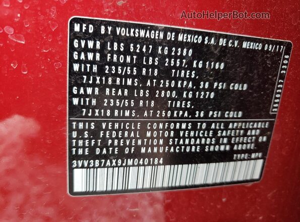 3VV3B7AX9JM040184 2018 VOLKSWAGEN TIGUAN Темно-бордовый Вид наклейки с VIN-кодом