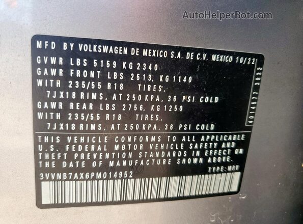 3VVNB7AX6PM014952 2023 VOLKSWAGEN TIGUAN Серебряный Вид наклейки с VIN-кодом