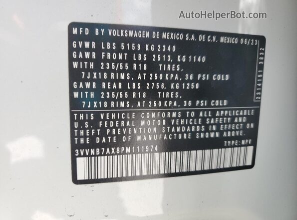 3VVNB7AX8PM111974 2023 VOLKSWAGEN TIGUAN White Widok naklejki z numerem VIN