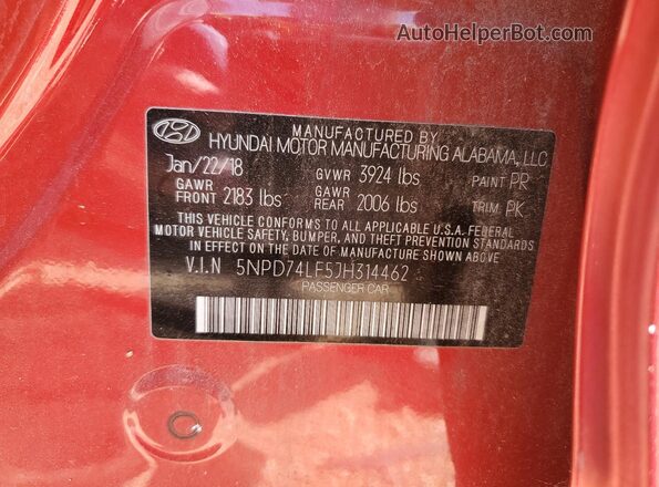 5NPD74LF5JH314462 2018 HYUNDAI ELANTRA Red Widok naklejki z numerem VIN