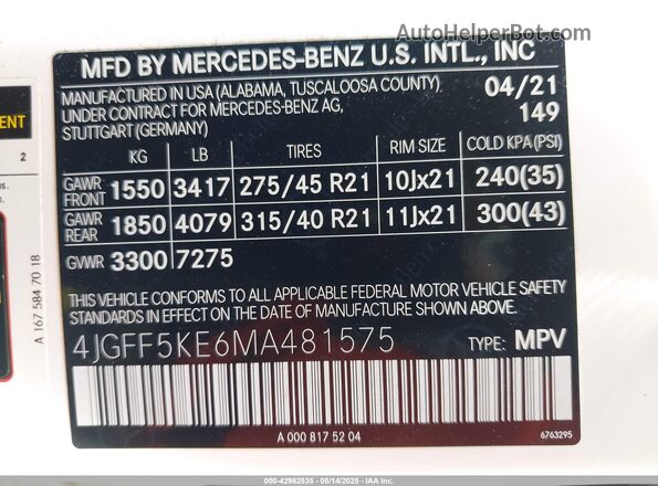 4JGFF5KE6MA481575 2021 MERCEDES-BENZ GLS 450 Белый Вид подкапотного пространства