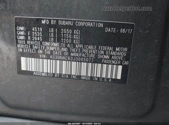 4S3BNAC63J3005077 2018 SUBARU LEGACY Серый Вид подкапотного пространства