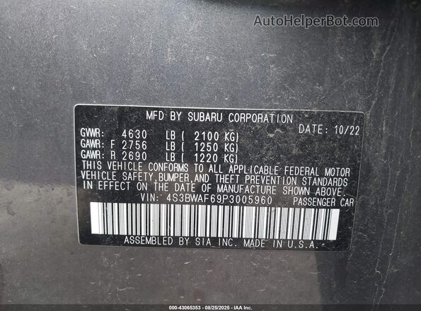 4S3BWAF69P3005960 2023 SUBARU LEGACY Gray Widok komory silnika