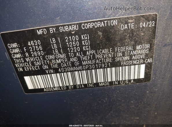 4S3BWAM60P3017921 2023 SUBARU LEGACY Blue Widok komory silnika