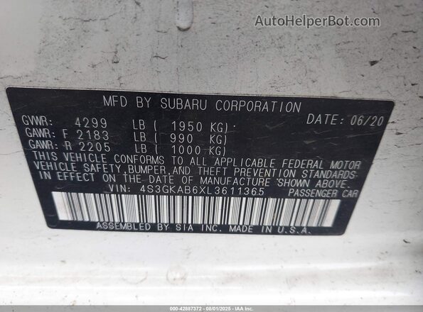 4S3GKAB6XL3611365 2020 SUBARU IMPREZA Белый Вид подкапотного пространства