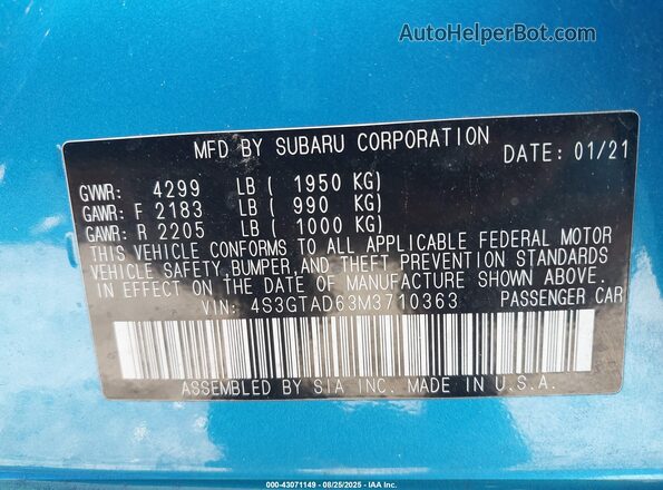 4S3GTAD63M3710363 2021 SUBARU IMPREZA Синий Вид подкапотного пространства