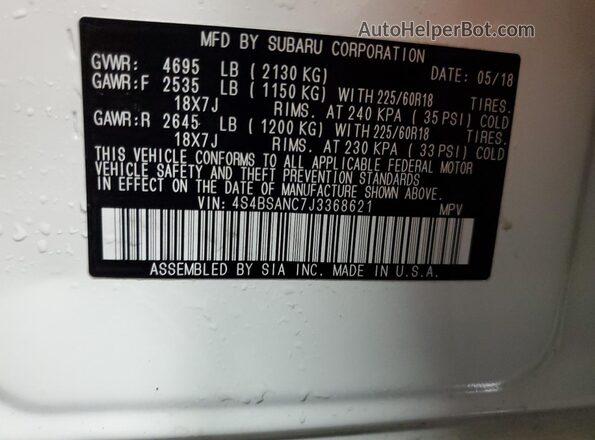 4S4BSANC7J3368621 2018 SUBARU OUTBACK White Vista de la etiqueta del VIN
