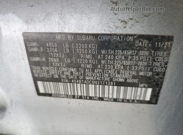 4S4BTADC0N3171391 2022 SUBARU OUTBACK Silver სალონის 360-გრადუსიანი ხედი