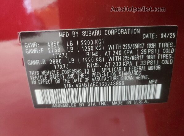 4S4BTAFC1S3243899 2025 SUBARU OUTBACK Red Vista de la etiqueta del VIN