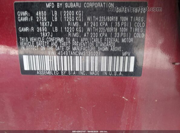 4S4BTANC9M3130027 2021 SUBARU OUTBACK Red Widok z przodu
