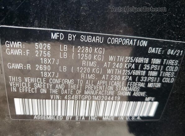 4S4BTGPD1M3204419 2021 SUBARU OUTBACK Black Widok wnętrza 360 stopni