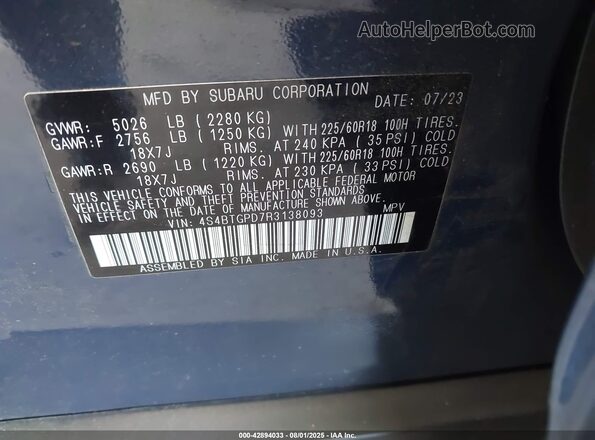 4S4BTGPD7R3138093 2024 SUBARU OUTBACK Blue ძრავის განყოფილების ხედი