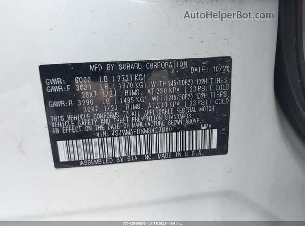 4S4WMAPDXM3420880 2021 SUBARU ASCENT White ძრავის განყოფილების ხედი