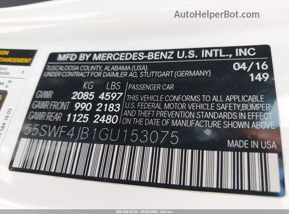 55SWF4JB1GU153075 2016 MERCEDES-BENZ C-CLASS White Widok komory silnika