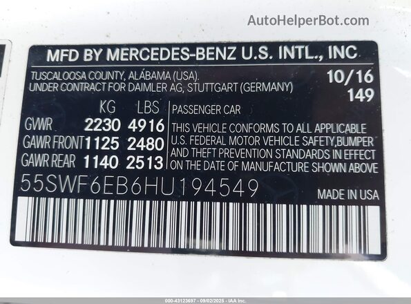 55SWF6EB6HU194549 2017 MERCEDES-BENZ AMG C 43 White Widok komory silnika