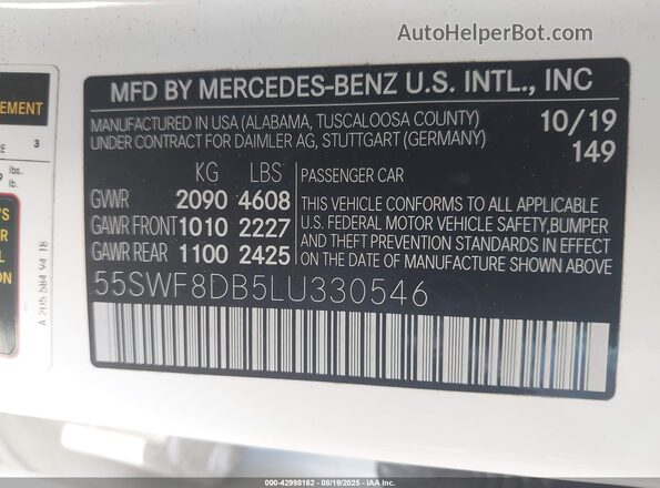 55SWF8DB5LU330546 2020 MERCEDES-BENZ C-CLASS White Շարժիչի բաժամունքի տեսք