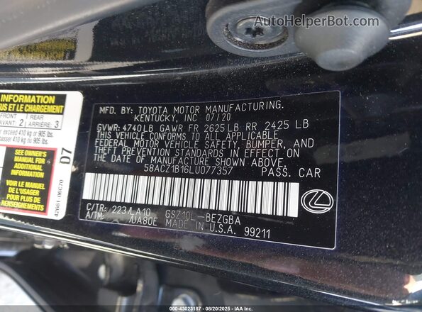 58ACZ1B16LU077357 2020 LEXUS ES 350 Black Widok komory silnika