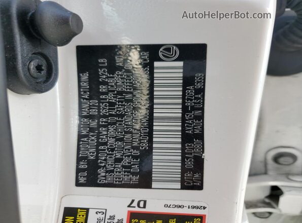 58AD11D14MU001081 2021 LEXUS ES Белый Вид наклейки с VIN-кодом