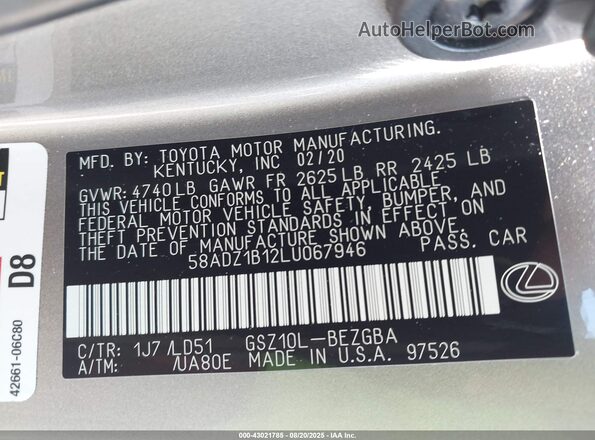 58ADZ1B12LU067946 2020 LEXUS ES Silver Вид підкапотного простору