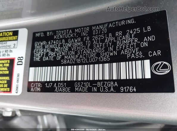 58ADZ1B12LU071365 2020 LEXUS ES Silver Вид підкапотного простору