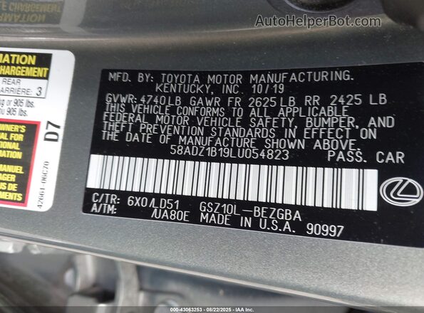 58ADZ1B19LU054823 2020 LEXUS ES 350 Зеленый Вид подкапотного пространства