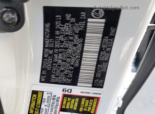 58AHZ1B17MU096765 2021 LEXUS ES White Widok komory silnika