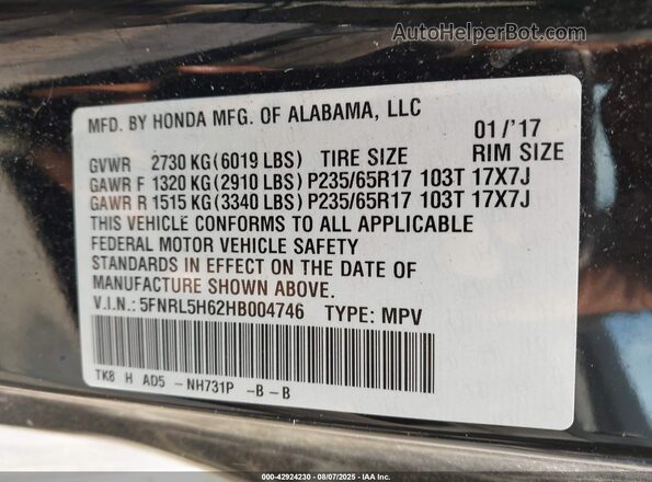 5FNRL5H62HB004746 2017 HONDA ODYSSEY Black Vista del compartimento del motor