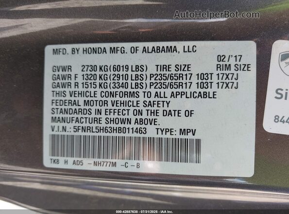 5FNRL5H63HB011463 2017 HONDA ODYSSEY Gray Շարժիչի բաժամունքի տեսք