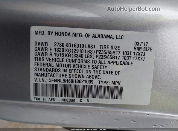 5FNRL5H69HB021009 2017 HONDA ODYSSEY Silver Vista del compartimento del motor