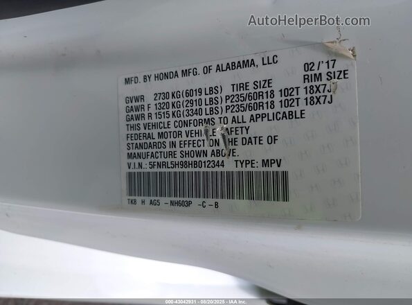 5FNRL5H98HB012344 2017 HONDA ODYSSEY White Вид підкапотного простору