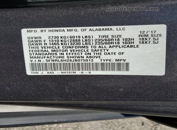 5FNRL6H28JB075913 2018 HONDA ODYSSEY Gray Widok wnętrza 360 stopni